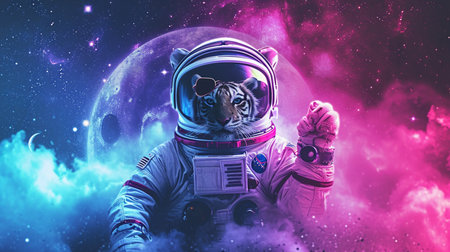 cute space white tiger dressed in astronaut suit with galaxy star backgroundの素材