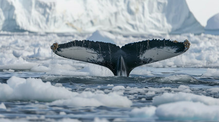 Humpback Whale, snow and ice. Humpback whale diving with snowy peaksの素材