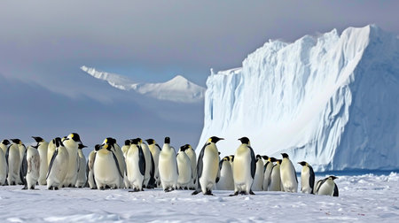 Emperor penguins in front of massive icebergの素材