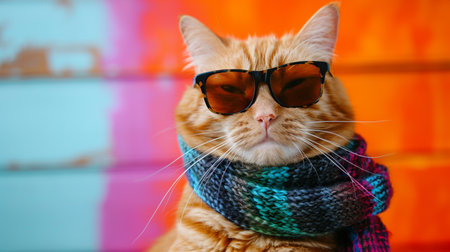 funny ginger cat with sunglasses and scarf in studio with a colorful and bright backgroundの素材
