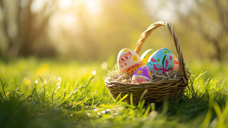 Painted Eggs In Basket On Grass In Sunny Orchardの素材