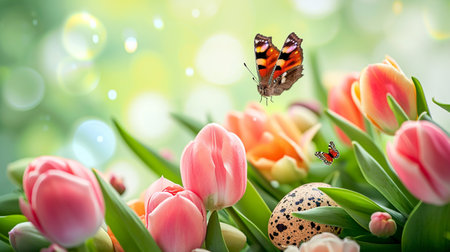 Easter eggs with tulips and butterfly. spring or Easter holiday decor elementsの素材