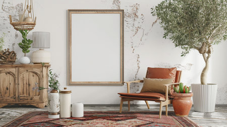 Home interior with ethnic boho decorationの素材