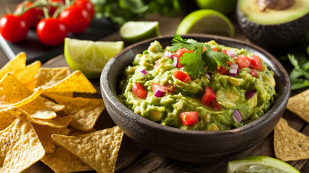 A delicious Bowl of Guacamole next to fresh ingredients on a tableの素材