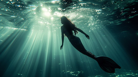 Mermaid swimming under the deep waters of the oceanの素材
