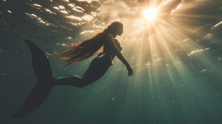 Mermaid swimming under the deep waters of the oceanの素材