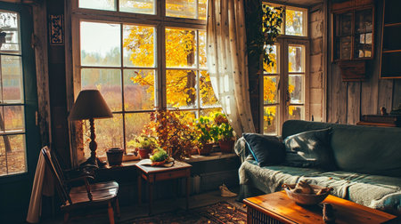 Cozy and stylish living room decorated for fallの素材