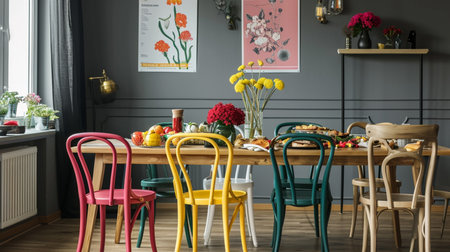 colorful chairs wooden chairs at table with flowers and dining roomの素材