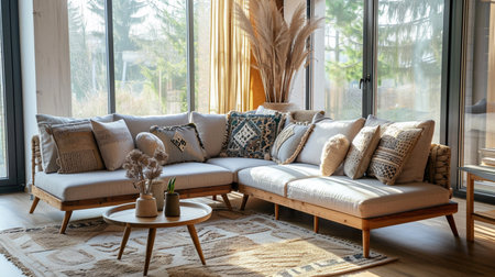 Comfortable corner sofa with decorative cushions and small round coffee tableの素材