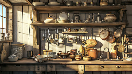 Digitally generated cozy and rustic domestic kitchen interiorの素材
