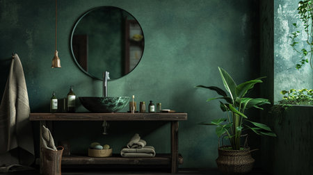 Dark green rustic bathroom, wall mock up stock photo Bathroomの素材