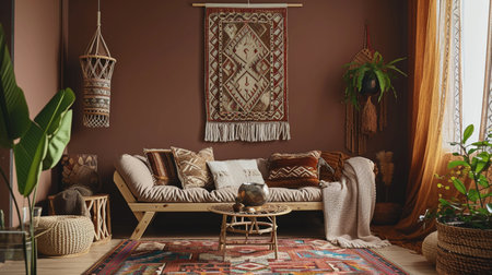 Home interior with ethnic boho decoration, living room in brown warm colorの素材