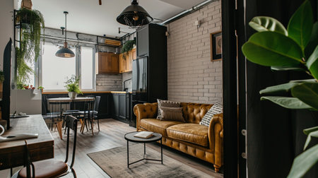 living room with sofas in loft style flatの素材