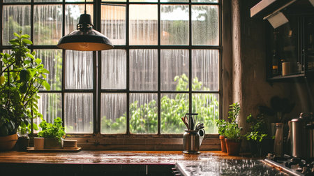 loft kitchen window rain, indoors, plantの素材