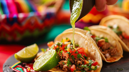 Closeup of a lime being squeezed in a mexican taco, with traditional colorful backgroundの素材