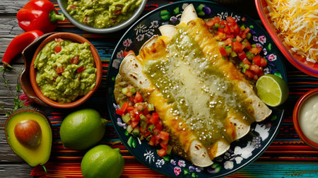 Green enchiladas Mexican food with guacamoleの素材