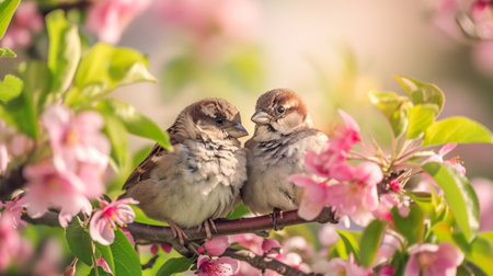 small funny Sparrow Chicks sit in the garden surrounded by pink Apple blossoms on a Sunny may dayの素材