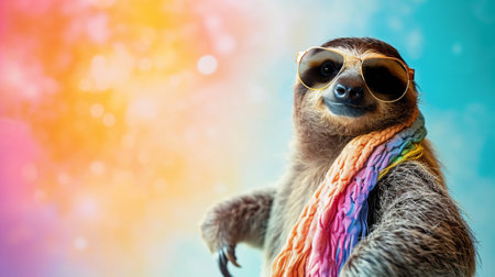 Sloth sunglasses and scarf in studio with a colorful and bright backgroundの素材