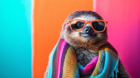 Sloth sunglasses and scarf in studio with a colorful and bright backgroundの素材