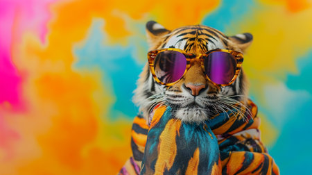 tiger sunglasses and scarf in studio with a colorful and bright backgroundの素材