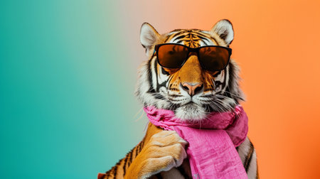 tiger sunglasses and scarf in studio with a colorful and bright backgroundの素材
