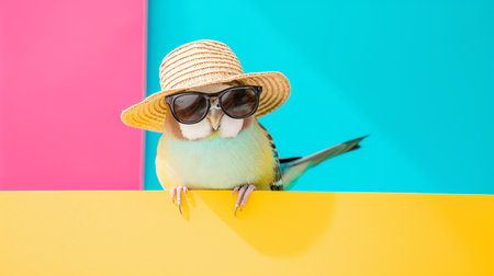 Sparrow sunglasses and summer hat in studio with a colorful and bright backgroundの素材