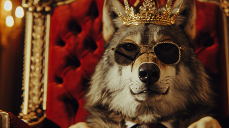 wolf wearing tie with crown and sunglasses sitting on a throne, closeupの素材