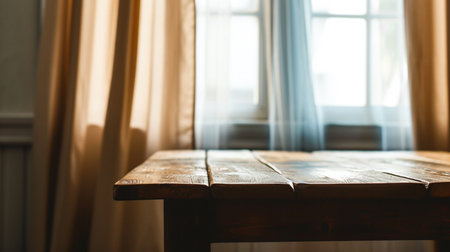 Wooden table on defocuced window with curtain backgroundの素材