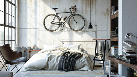 Eclectic modern bedroom with wall mounted bicycleの素材