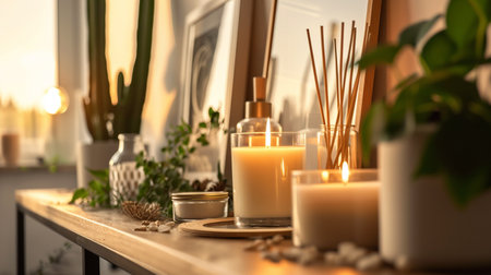 Vintage home decor: candles, aroma diffuser, plant and frames. Selective focusの素材