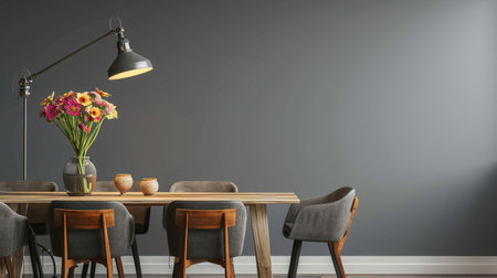 White lamps above wooden table and chairs in dining room interior with yellow flowersの素材