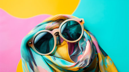 sunglasses and scarf in studio with a colorful and bright background Fashion Summer girl clothes setの素材