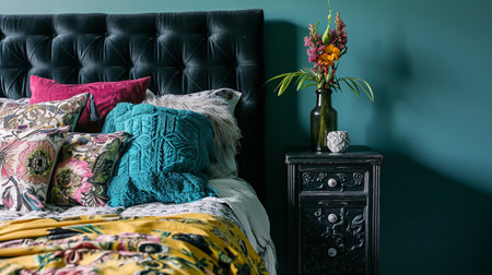 bed with quilted headboard and black bedside table with decorationsの素材