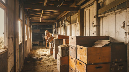 Inside old wooden stable or barn with horse boxes, tunnel or corridor viewの素材