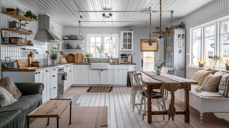 Farmhouse style kitchen interior, Living Room, Indoors, Scandinavian Cultureの素材