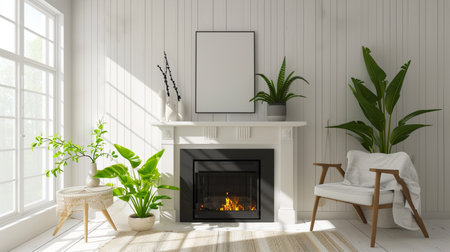 Frame mockup with plants standing on fireplaceの素材