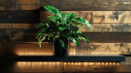Green plant in black pot displayed on wooden shelf with LED strip lighting and woodの素材