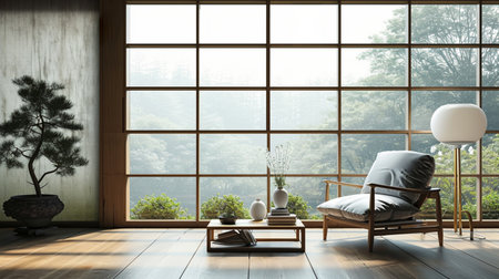 Home interior design in japanese style with large window, armchair and coffee tableの素材