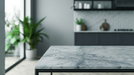 White stone marble table top and blurred abstract background from interior buildingの素材