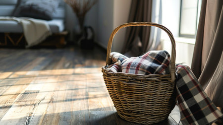 Basket with plaid on floor in room, eclectic interiorの素材