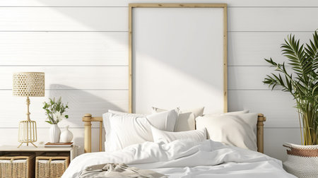 Mock up frame in cozy home interior background, coastal style bedroom, farmhouse interiorの素材