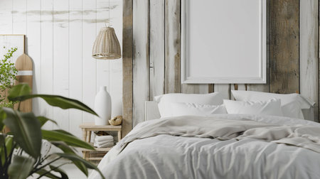 Mock up frame in cozy home interior background, coastal style bedroom, farmhouse interiorの素材