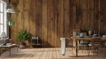 Mock up wall in boho interior background, wooden living room designの素材