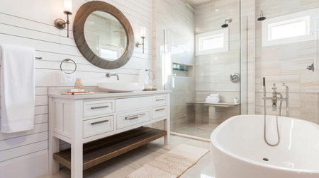 Modern Farmhouse bathroom, farmhouse interior natural wood vanity cabinetの素材