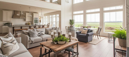 Farmhouse kitchen and dining room in white and beige tones , farmhouse interiorの素材