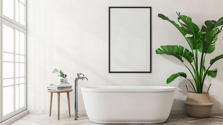 farmhouse interior Poster, wall mockup in white cozy bathroom interior backgroundの素材