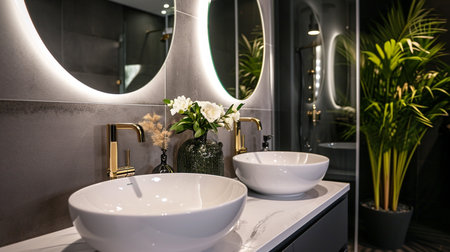 Interior design of a luxury show home bathroom with twin sinks and round mirrorの素材