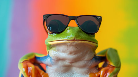 Tree frog, flying frog laughing with sunglasses in studio with a colorful and bright backgroundの素材