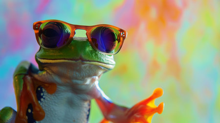 Tree frog, flying frog laughing with sunglasses in studio with a colorful and bright backgroundの素材