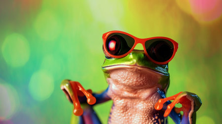 Tree frog, flying frog laughing with sunglasses in studio with a colorful and bright backgroundの素材